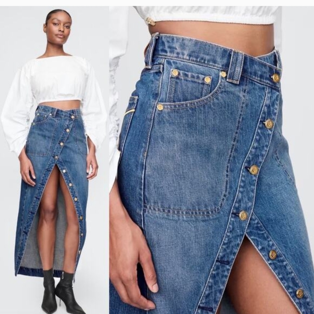 Cult Gaia Blue Denim Skirt with Gold Accents